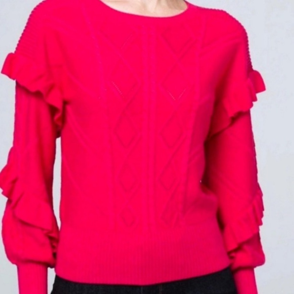 White House Black Market Hot Pink Ruffle‎ Sleeve Cable Knit Sweater XS Fuchsia